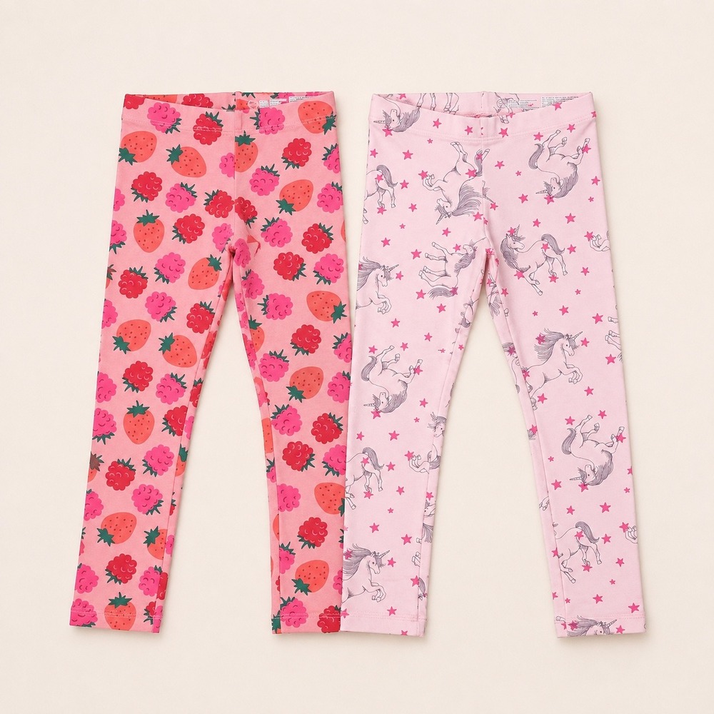 Wonder Nation Girls 2PK Leggings XL 14-16 Strawberry Unicorn Pink Tough Cotton